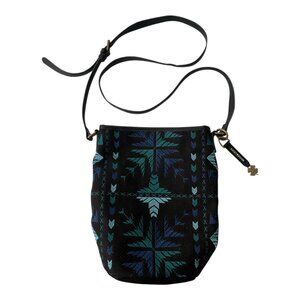 Lucky Brand Boho Crossbody Bag Embroidered Canvas Black Teal Blue